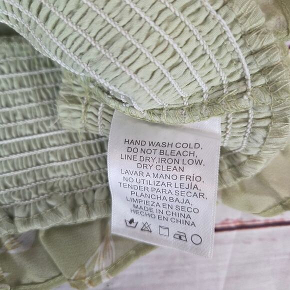 Fairy Floral Pastel Green Crop Blouse Sm Ruched Sheer Bishop Sleeve V-Neck Top - Picture 7 of 11